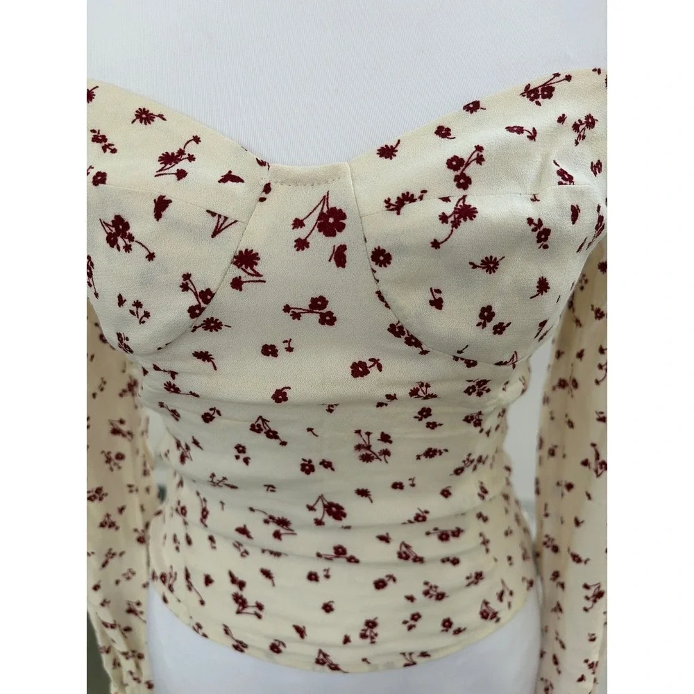 Reformation Floral Sweetheart Long Smocked Top Cream 4 Coquette Corset top